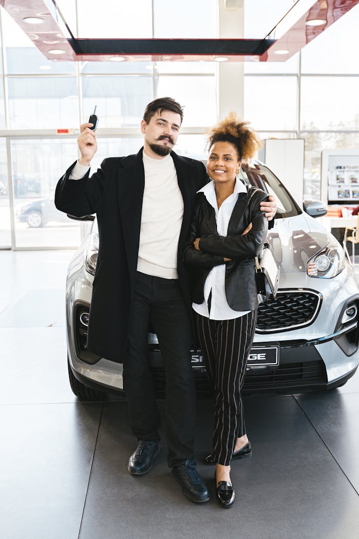 Interracial couple celebrating new car purchase at dealership, showcasing car keys.